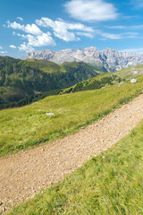 Vertical view of a dirt road for mountain hiking in the Dolomiti mountain chain, Italy. Peaks and forest on the bacground, with blue sky and white clouds.