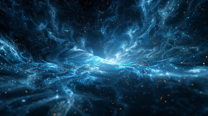 A deep blue tunnel-like formation, representing cosmic energy or a wormhole, with a glowing center and star particles.