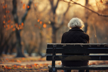 An elderly woman sits alone on a park bench, melancholy of social isolation and loneliness. - obrazy, fototapety, plakaty