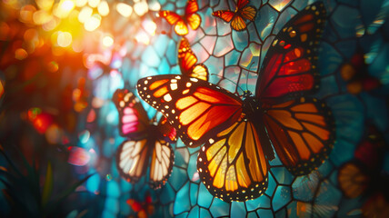 Vivid monarch butterflies perched on a mesh against a kaleidoscope of colorful bokeh lights,...