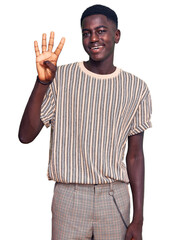 Young african american man wearing casual clothes showing and pointing up with fingers number four while smiling confident and happy.