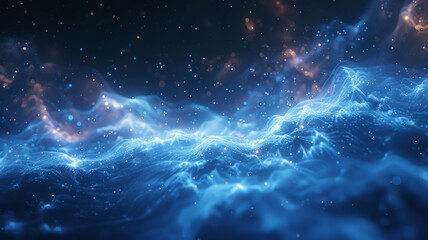 This image showcases dynamic digital waves representing a conceptual cyber network with deep blue...