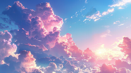 A mesmerizing cloudscape bathed in soft pink hues and gentle sunlight, creating a dreamy and tranquil sky. - obrazy, fototapety, plakaty