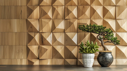 Timber tiles form a diamond-shaped pattern on the wall