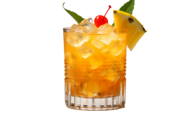 A tall glass holding a pineapple adorned with a cherry garnish