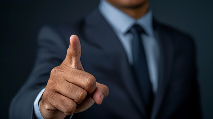 Close-up of a businessman's hand showing a thumbs up sign or forefinger , with a dark, blurred background.