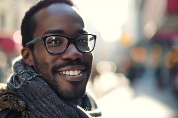 Portrait of handsome african american man wearing glasses and scarf in the city