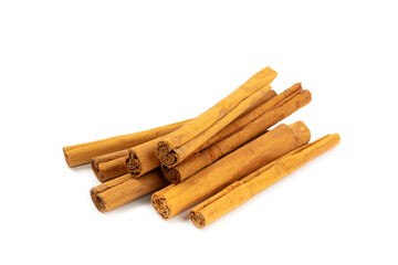 Ceylon cinnamon.Cinnamon sticks isolated on white background. Cinnamon roll and powder. Spicy spice for baking, desserts and drinks. Fragrant ground cinnamon. Close-up. Place for text. copy space