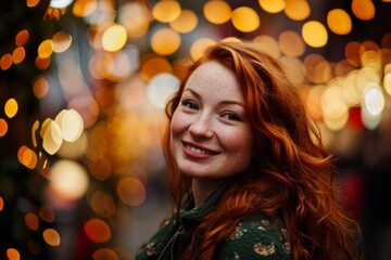 Portrait of a beautiful young woman with red hair in the city.