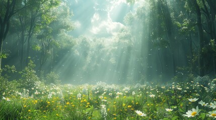 Green meadow texture, dotted with wildflowers and the soft shadows of passing clouds, capturing the peaceful beauty of forests and fields created with Generative AI Technology - obrazy, fototapety, plakaty