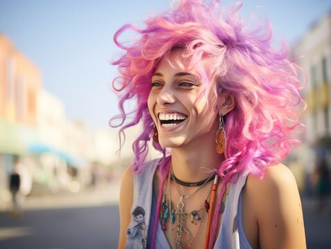 Smiling Woman With Pink Hair Wearing Necklace