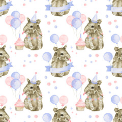 tapir birthday watercolor seamless pattern png