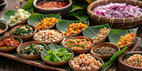 Miang Kham is a delicious snack that is often sold as street food in Thailand. It involves wrapping small pieces of several foods in a leaf along with a sweet and salty sauce - obrazy, fototapety, plakaty