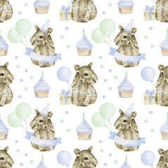 tapir birthday watercolor seamless pattern png
