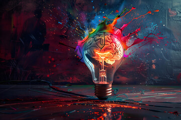 Human brain inside of a light bulb with paint splatter coming out - obrazy, fototapety, plakaty