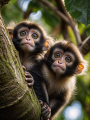 A Painting of a Treetop Trio: Three Mischievous Monkeys Huddle Together, Guardians of the Green Canopy.