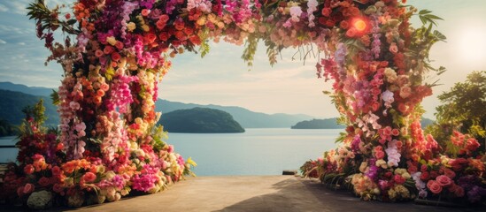 A lovely archway adorned with colorful flowers stands before a serene water view