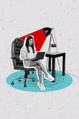 Vertical photo collage of happy girl type macbook sit chair office workplace table red light lamp...
