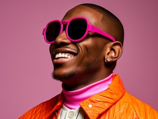 Obraz premium Stylish Man Wearing Pink Sunglasses and Orange Jacket