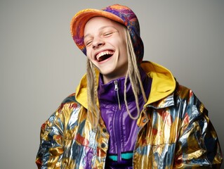Woman With Dreadlocks Laughing in Colorful Jacket