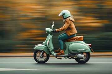 Dynamic motion blur of a person riding a green scooter on an autumn road.
