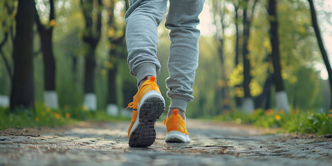 legs of a man in gray sweatpants and orange sneakers jogging in the morning park in spring