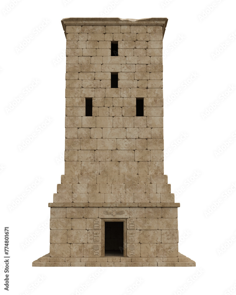 Poster Ancient Egyptian architecture square stone tower with open doorway. Isolated 3D render.