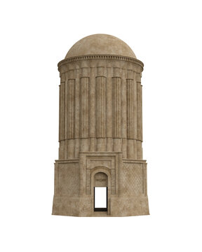 Ancient Egyptian architecture round stone tower with dome roof. Isolated 3D rendered illustration.