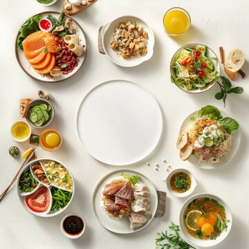 Top view of a diverse breakfast spread. A vibrant, top-view image showcasing an assorted healthy breakfast spread with an empty plate in the center