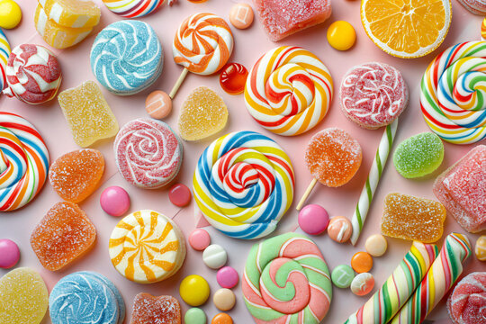 colorful sweets, candy and lollipop background