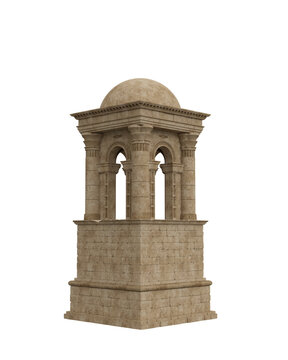 Ancient Egyptian architecture square stone bell tower with dome roof. Isolated 3D rendered illustration.