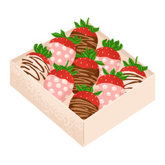 A set of ripe strawberries covered with chocolate glaze in a box. Gift for Valentine's Day and romantic date. Vector illustration in naturalistic style.