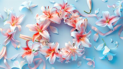 A wreath of lilies with a ribbon in pastel colors.