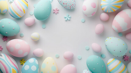Fototapeta na wymiar Background with pale pink, blue, yellow and gray Easter eggs. Compositions in pastel colors. Easter concept