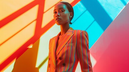 beautiful african woman in striped, orange suit posing against a blue and orange wall with shadows