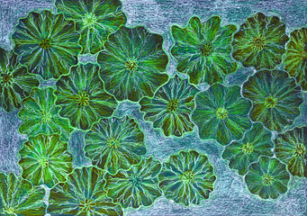 Hustle and bustle of lotus leaves. The dabbing technique near the edges gives a soft focus effect due to the altered surface roughness of the paper. - 774802639