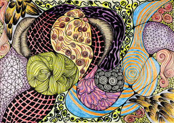 Neurographic doodle with a lot of colorful patterns. The dabbing technique near the edges gives a soft focus effect due to the altered surface roughness of the paper. - 774802661