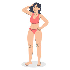 Beautiful confident woman in swimsuit standing vector isolated. Illustration of a female character in red swimwear. Self acceptance and positive attitude to the body.