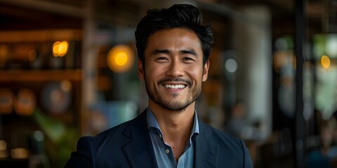 Naklejka premium Confident and Professional: Smiling Asian Businessman in a Modern Office Setting. Concept Modern Office Setting, Asian Businessman, Confident Pose, Professional Attire, Smiling Expression