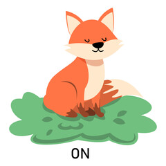 Learning English prepositions with a funny fox and green bush vector isolated. Animal character sitting on a green bush. Cute red fox.