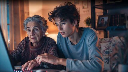 un jeune homme aide sa grand mère à remplir des documents importants en ligne sur un ordinateur