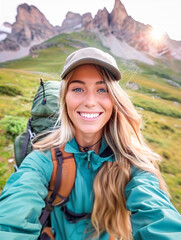 smiling young woman dressed in mountain attire taking a selfie while trekking in the mountains - trekking and mountain tourism concept