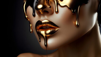 gold paint smudges drip from the woman face