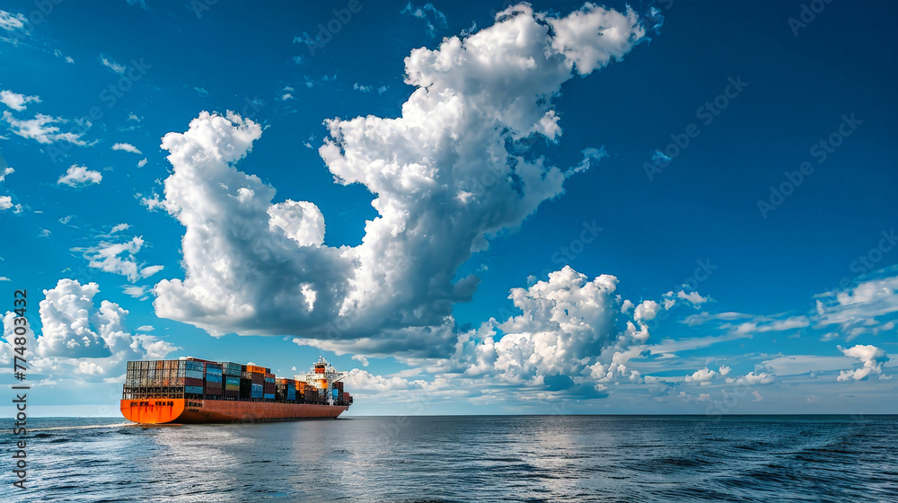 Poster a massive cargo ship loaded with containers navigating through the open sea
