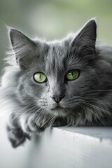 Gray Cat With Green Eyes Laying on Table