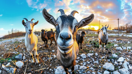 A large herd of goats peacefully standing on a lush grassy field, enjoying the scenery around them under the bright sun