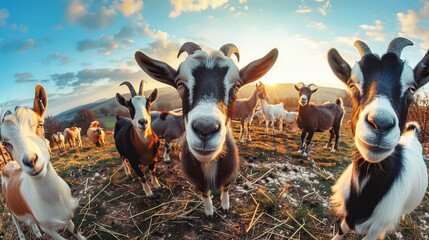 Three goats peacefully standing in a field as the sun sets in the background, creating a serene and picturesque scene