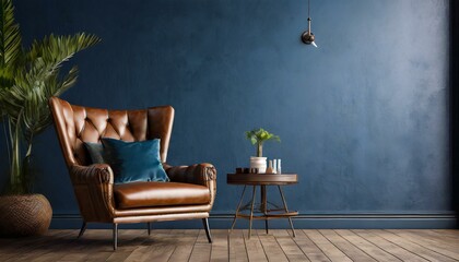 Living room with leather armchair on empty dark blue wall background