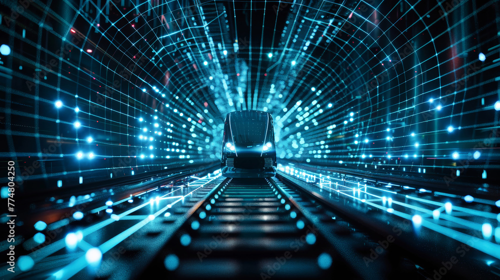 Poster a modern passenger train glides through a tunnel illuminated with a mesmerizing array of vibrant lig
