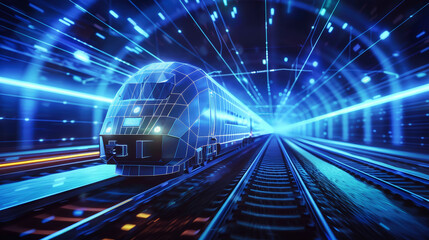A modern passenger train travels through a tunnel aglow with mesmerizing blue lights